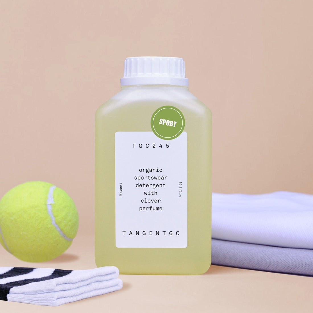 Sportswear detergent with a tennis ball and gym socks