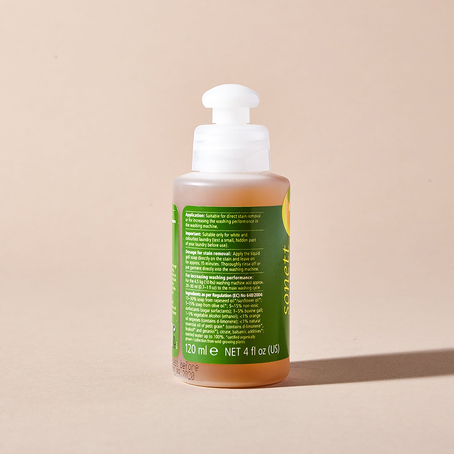 The side view of a bottle of Sonett liquid gall soap for stain removal with a green label