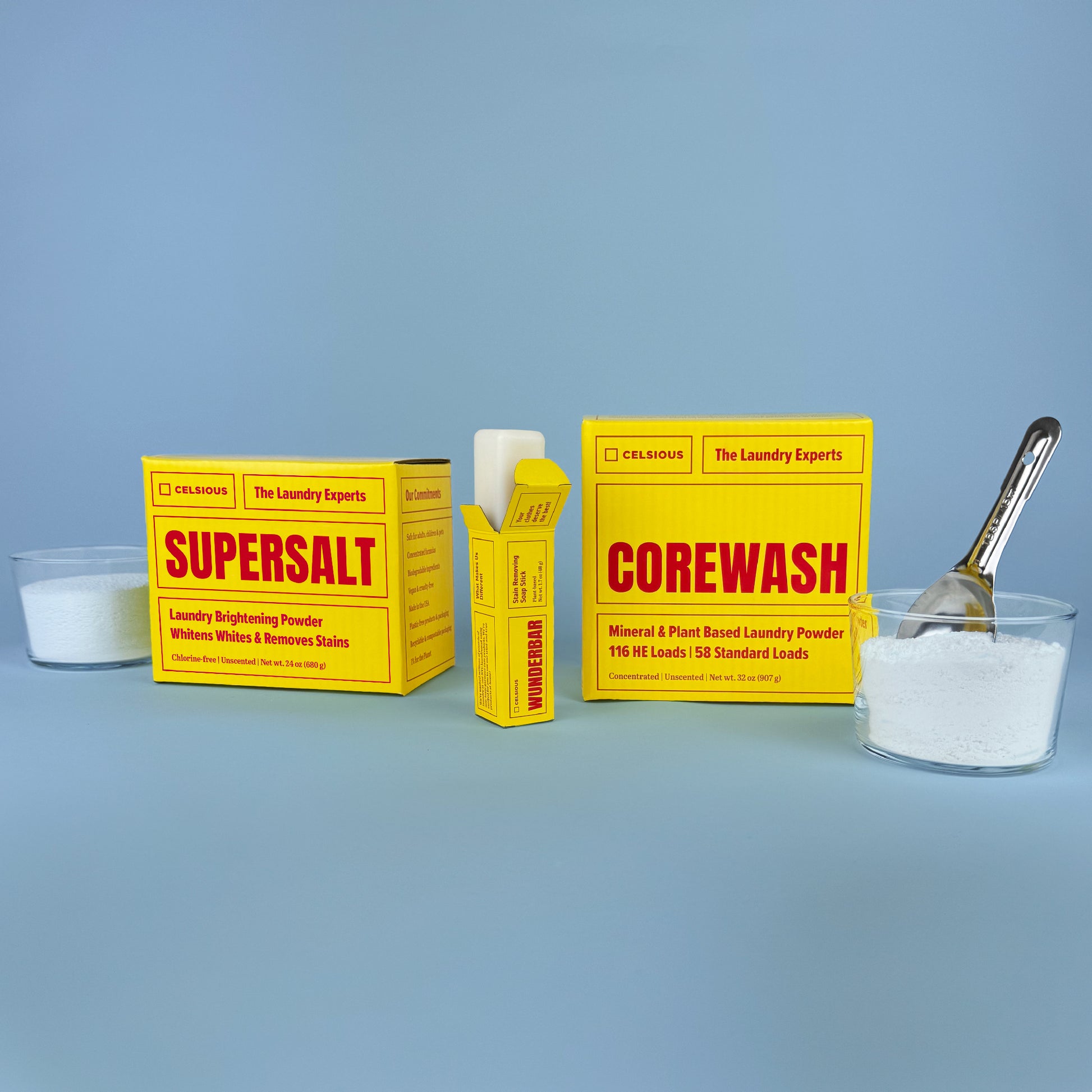 Corewash, Supersalt and Wunderbar in yellow packaging - laundry products by Celsious