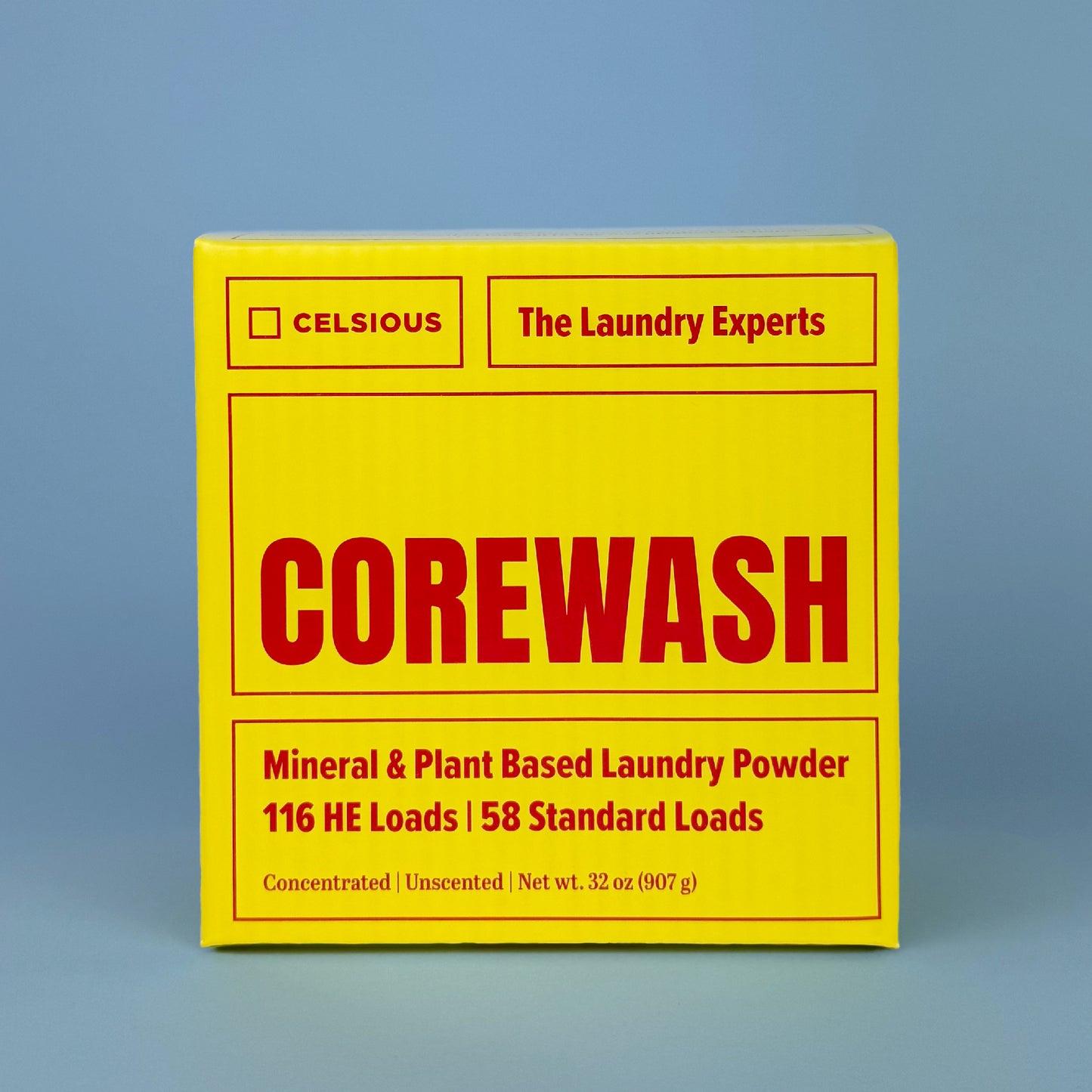 Corewash laundry powder by Celsious in yellow packaging with red label