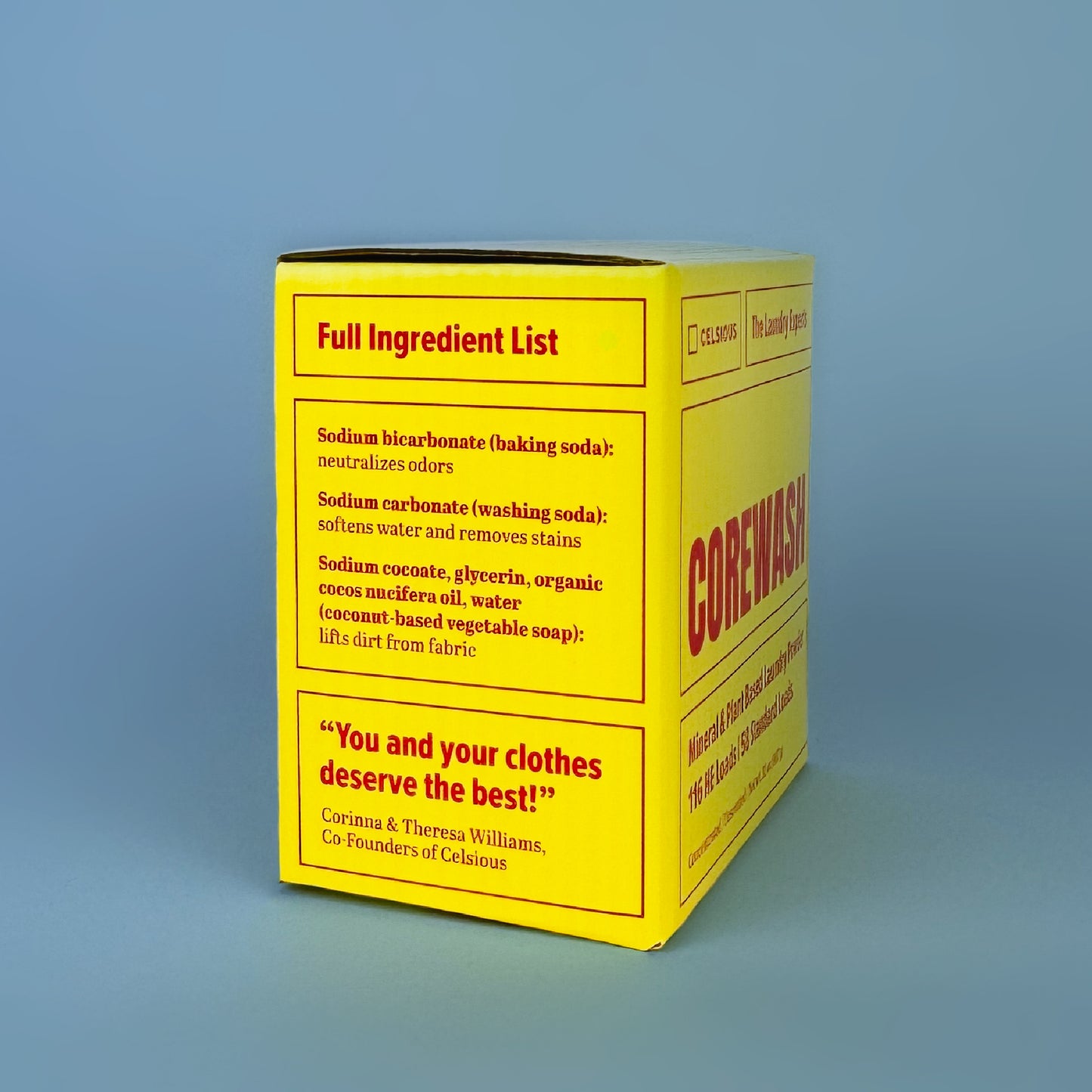 Corewash laundry powder by Celsious in yellow packaging with red label, ingredients panel