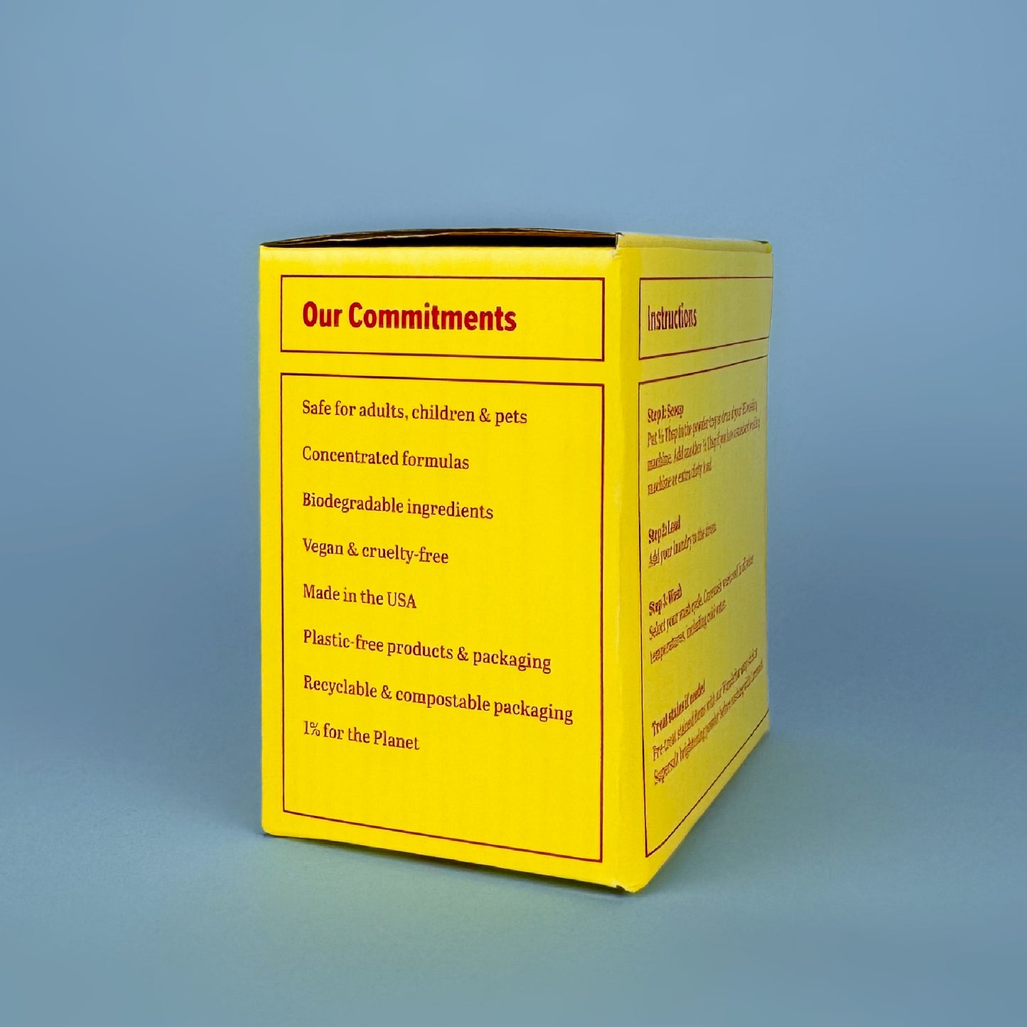 Corewash laundry powder by Celsious in yellow packaging with red label, company commitments panel