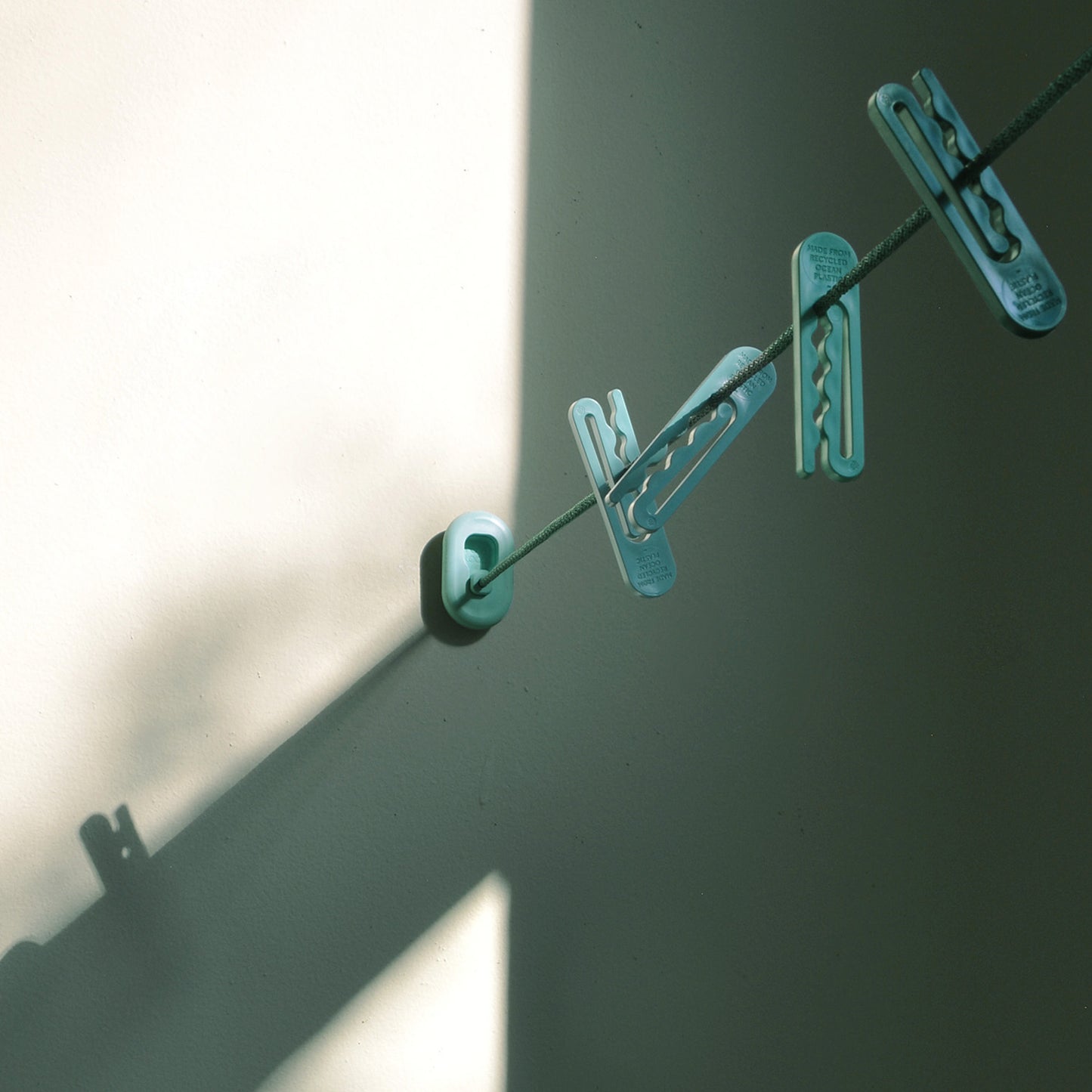 The LOOP clothesline with green NONA clothespins in the afternoon light