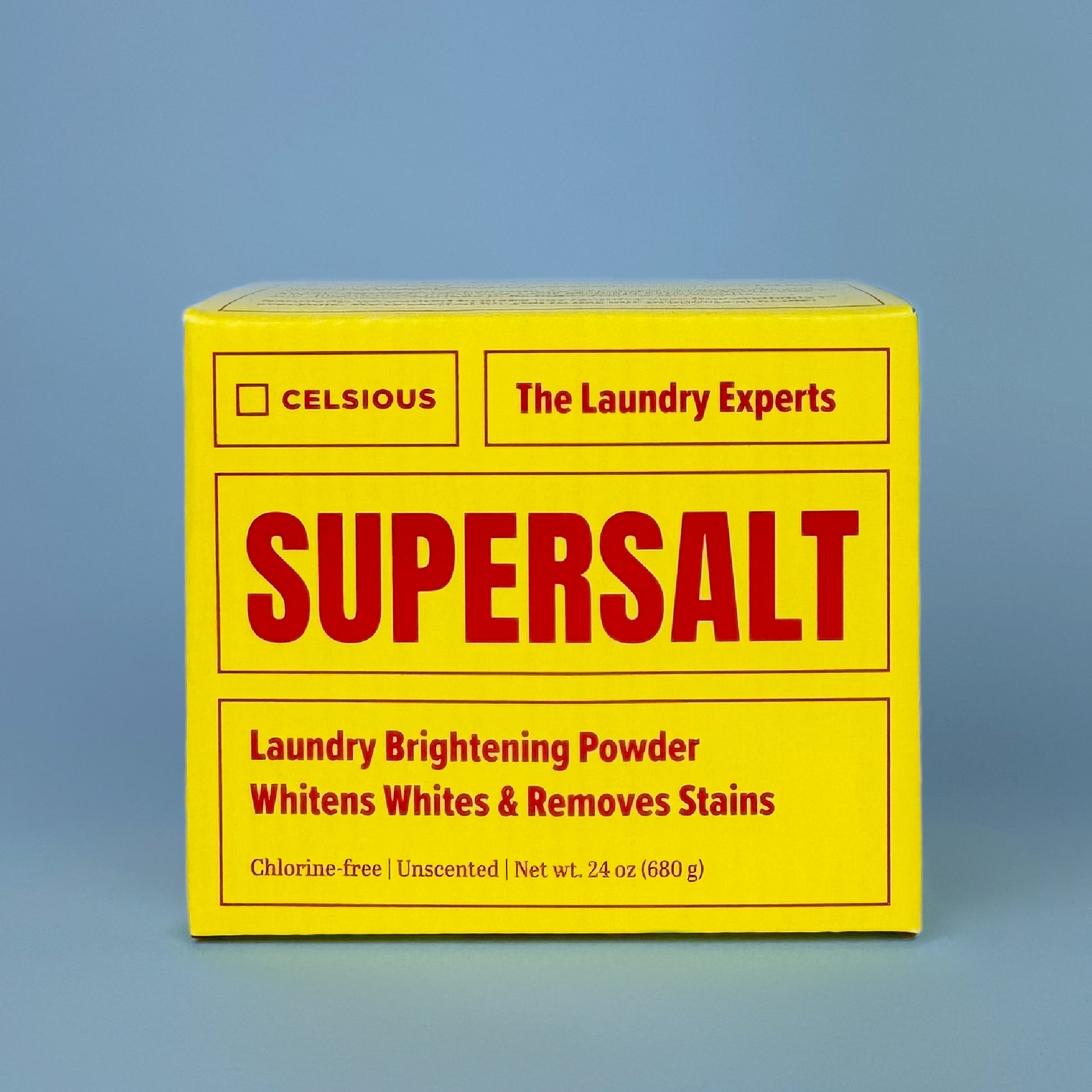 Supersalt laundry brightening powder by Celsious in yellow packaging with red label