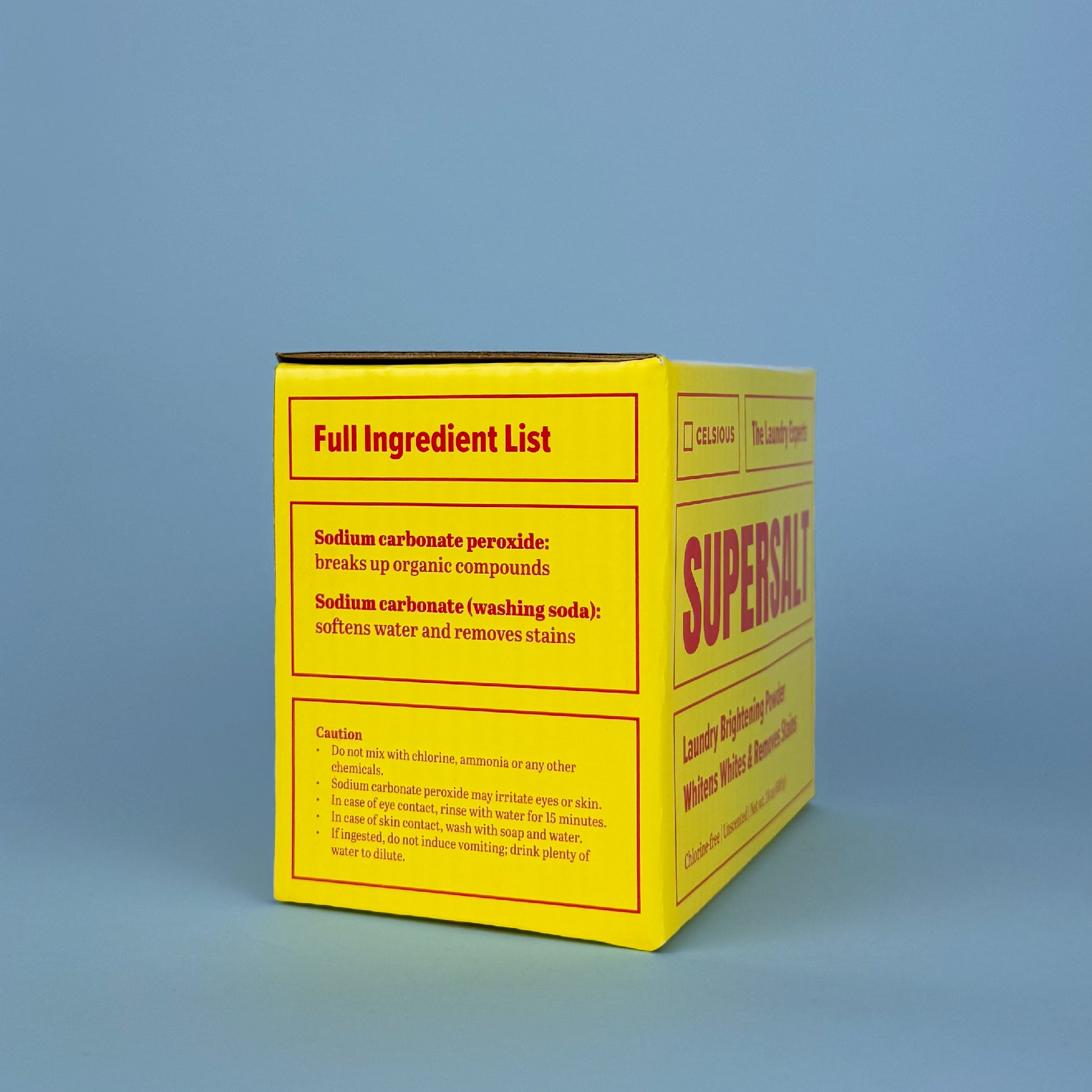 Supersalt laundry brightening powder by Celsious in yellow packaging with red label, ingredient list panel