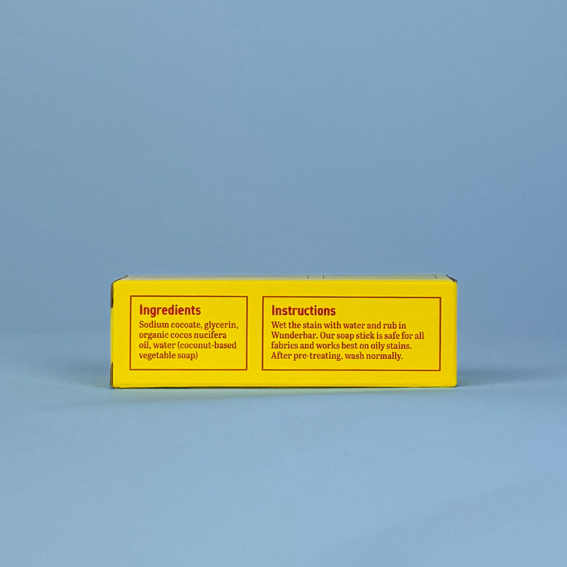 Wunderbar stain stick by Celsious in yellow packaging with red labeI, ingredients and instructions panel