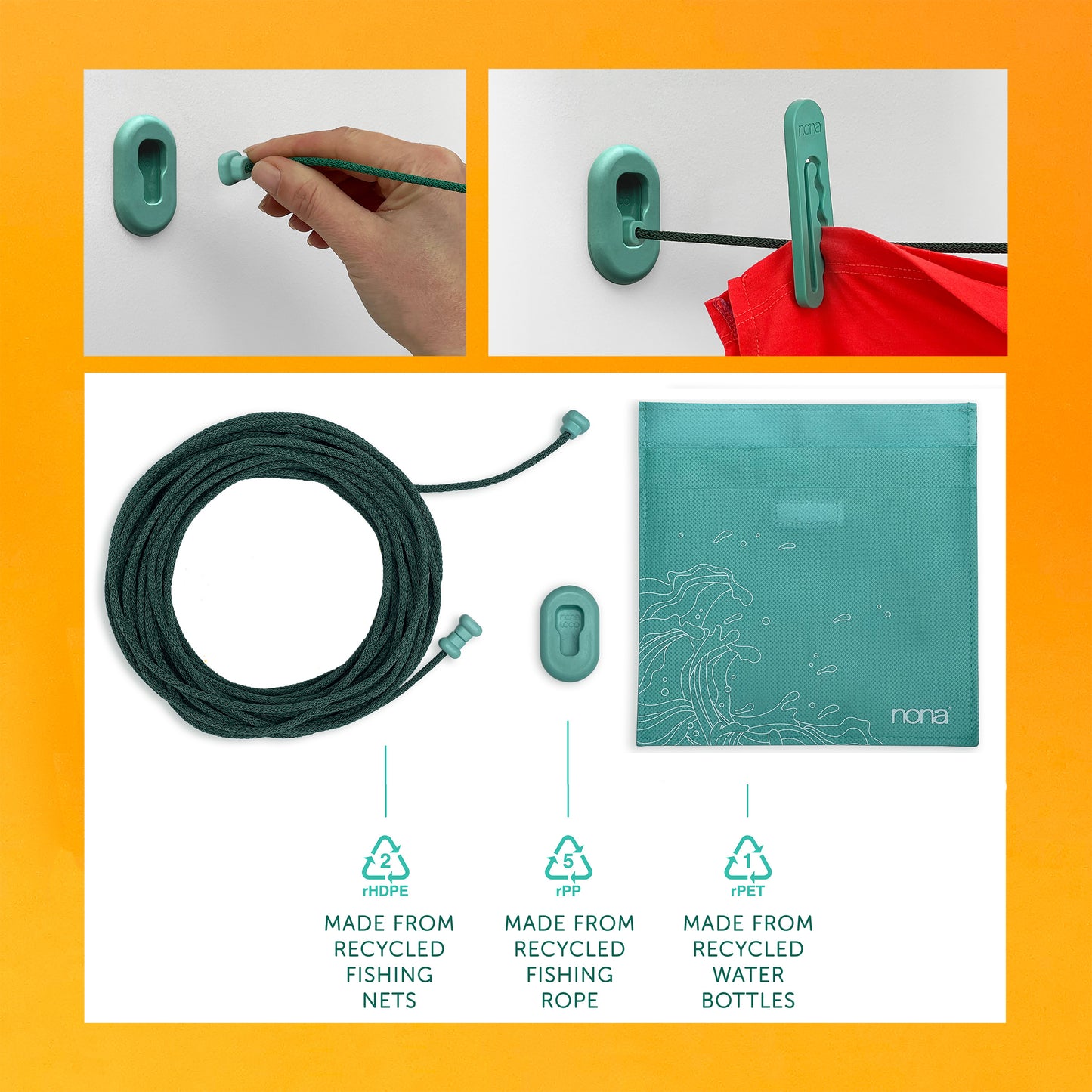 The recycled components of a LOOP clothesline system made by NONA