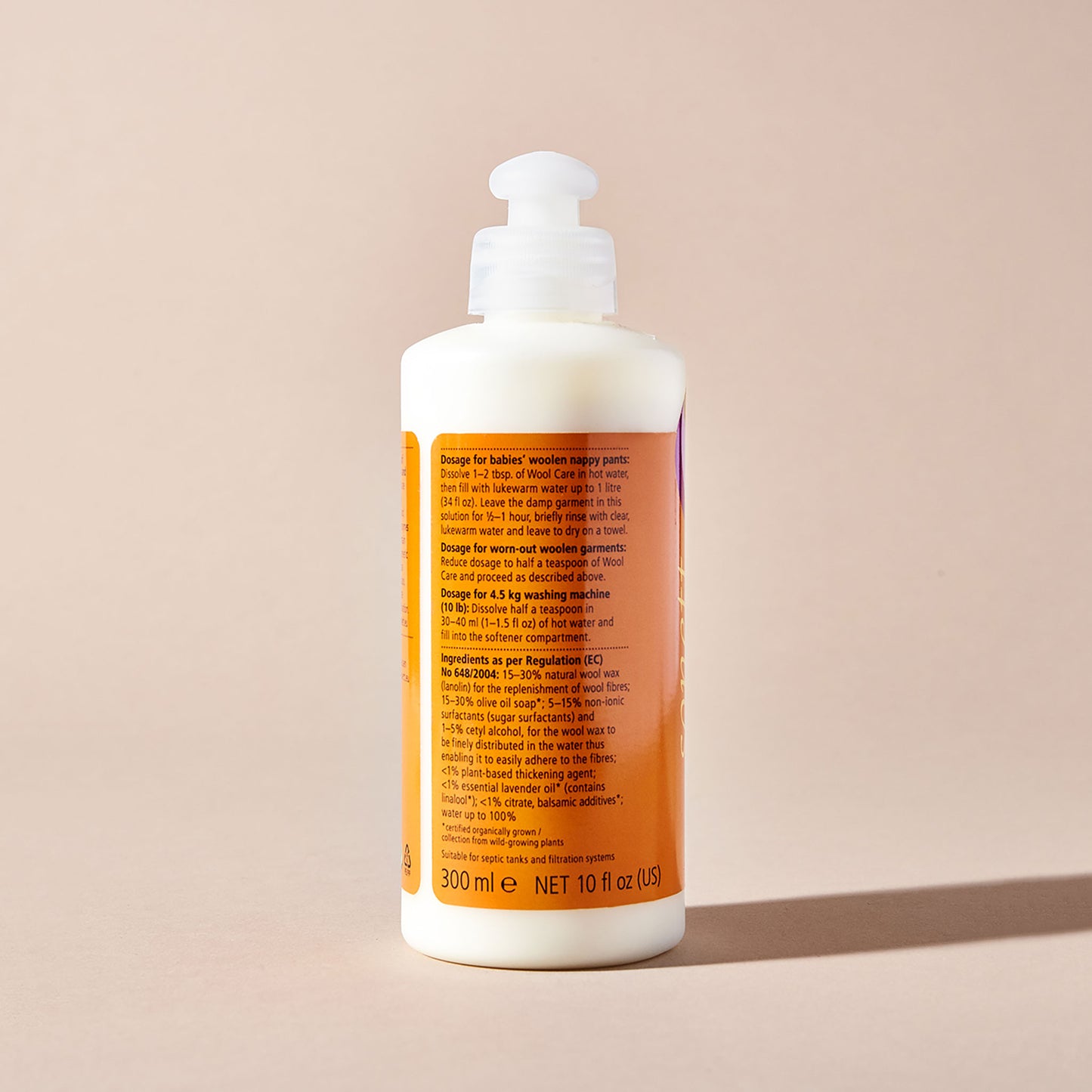 The back of a bottle of Sonett wool conditioner, instructions section of the label