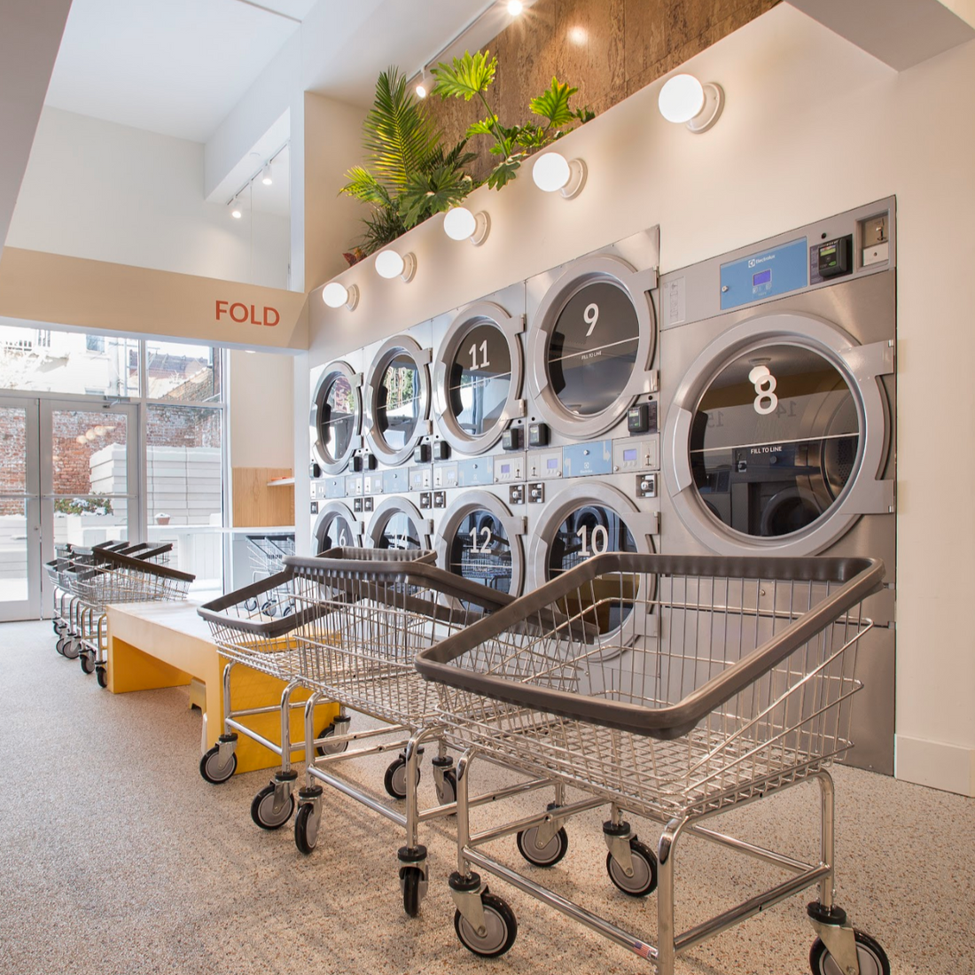 Laundry carts lined up in front of dryers at Celsious