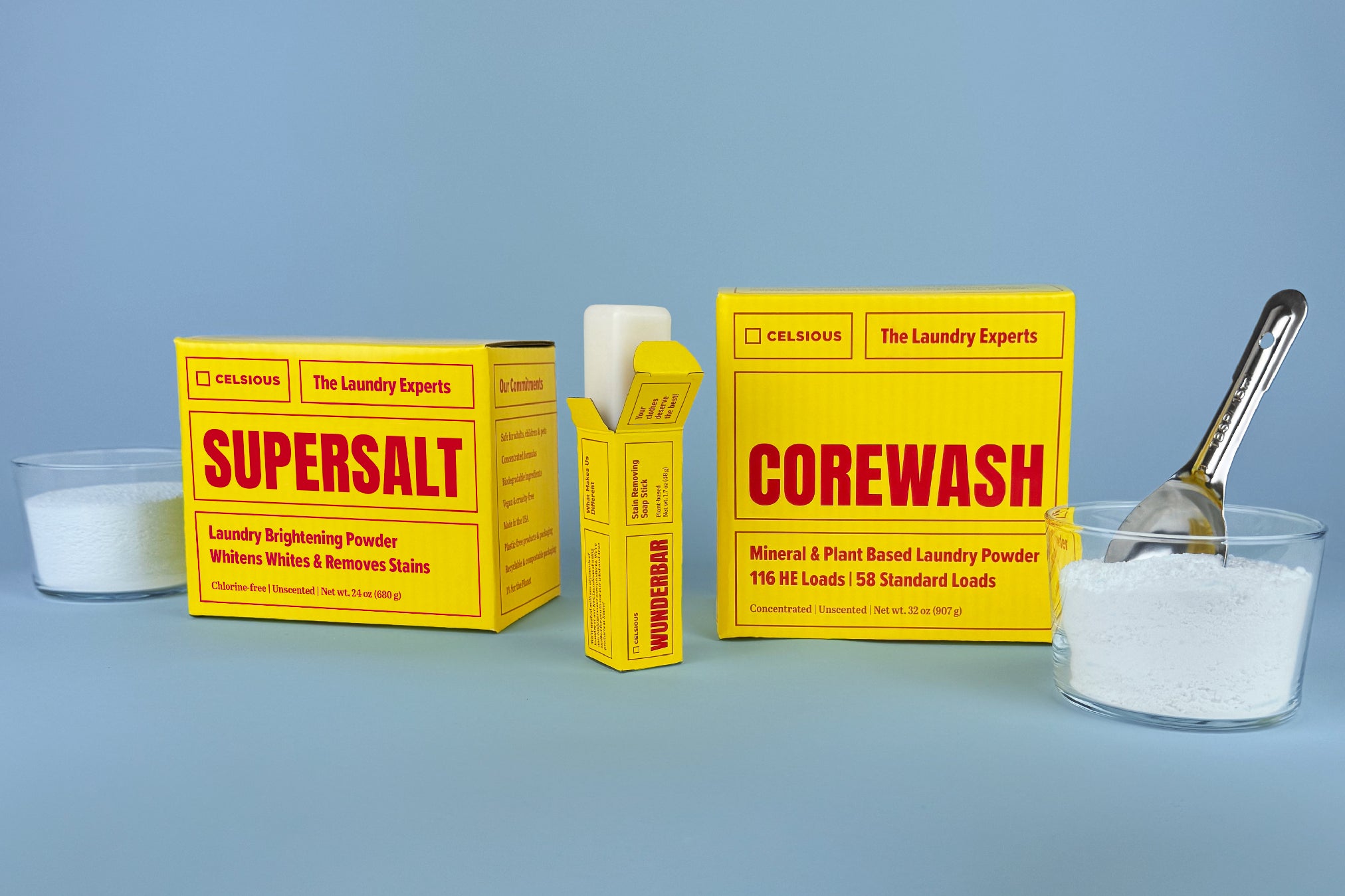 Corewash, Supersalt and Wunderbar - Celsious laundry products in yellow packaging