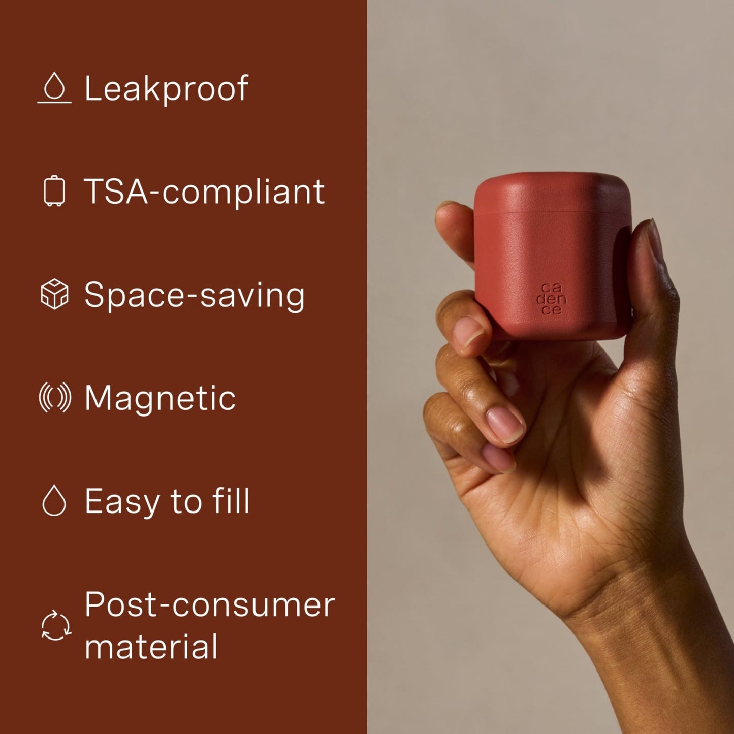 A hand holds a terracotta Cadence medium travel capsule beside a list of selling points