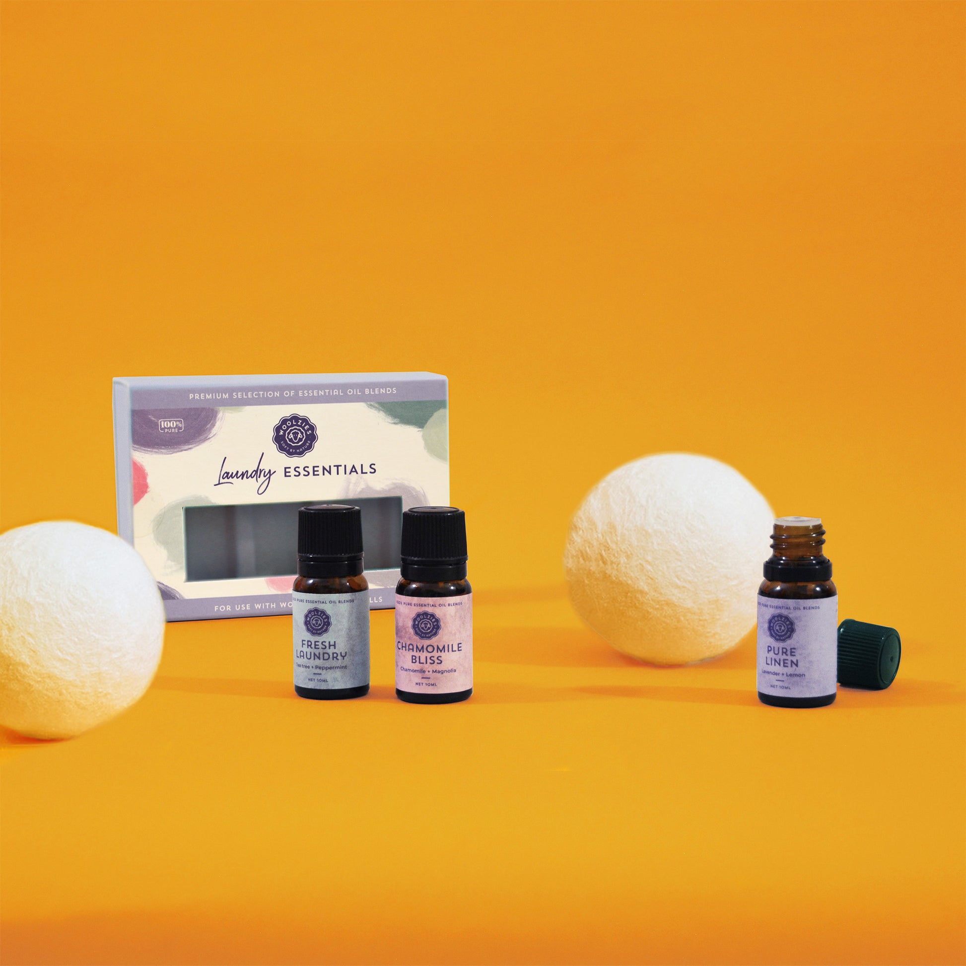 Woolzies essential oil blends for laundry and white wool dryer balls
