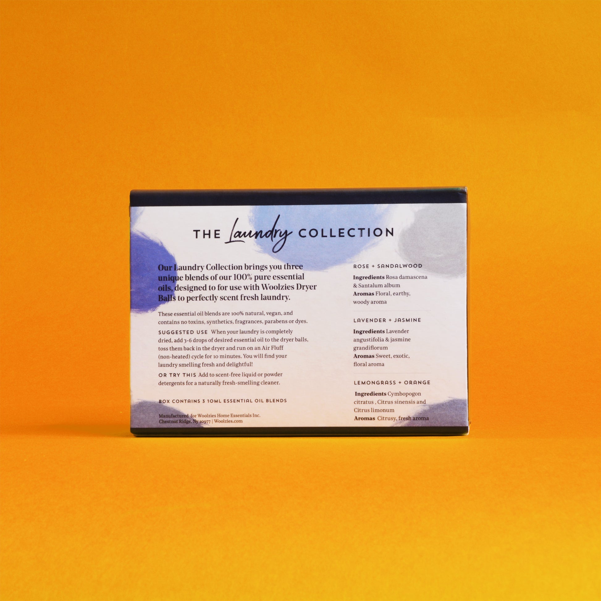 Back of packaging, showing info about how to use Woolzies essential oils for laundry
