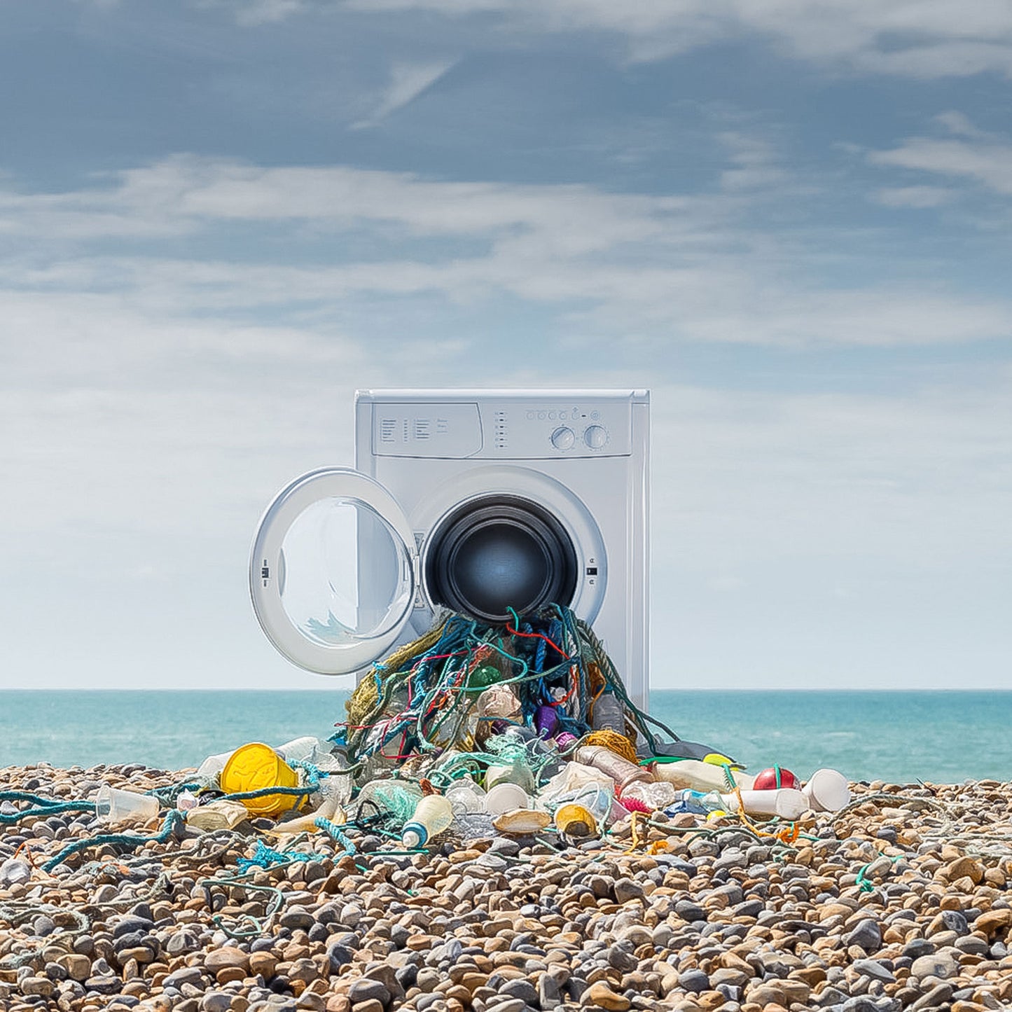 A washing machine on a pebble beach with plastic bottles and nets spilling out of the drum—an artistic interpretation of plastic pollution in our oceans